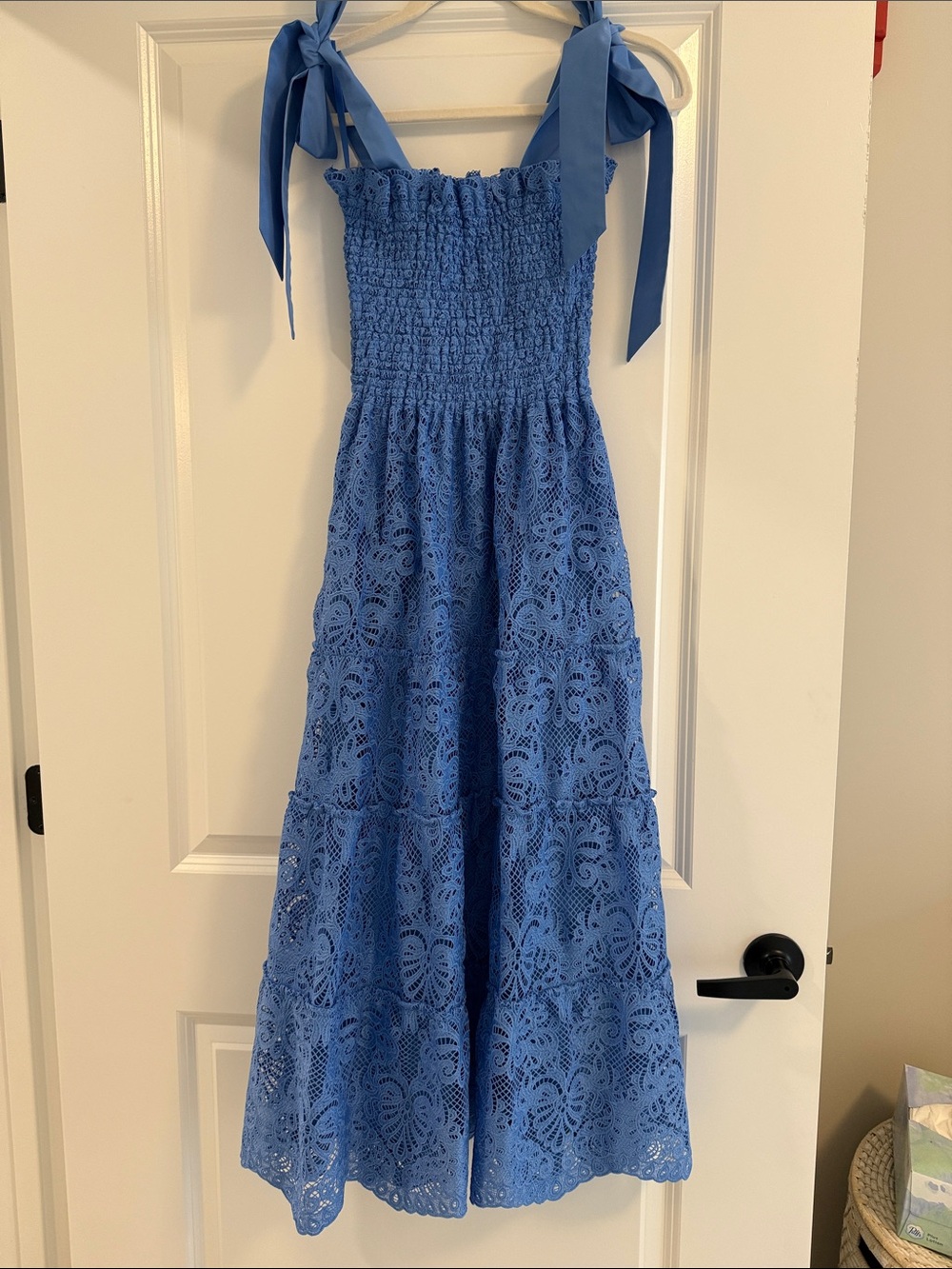 Smocked Lace Midi Dress with Tie Straps - Blue